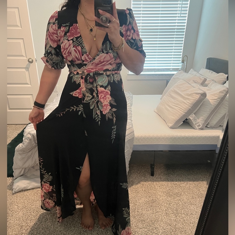 Get Lucky black with pink floral wrap around dress - Picture 2 of 4
